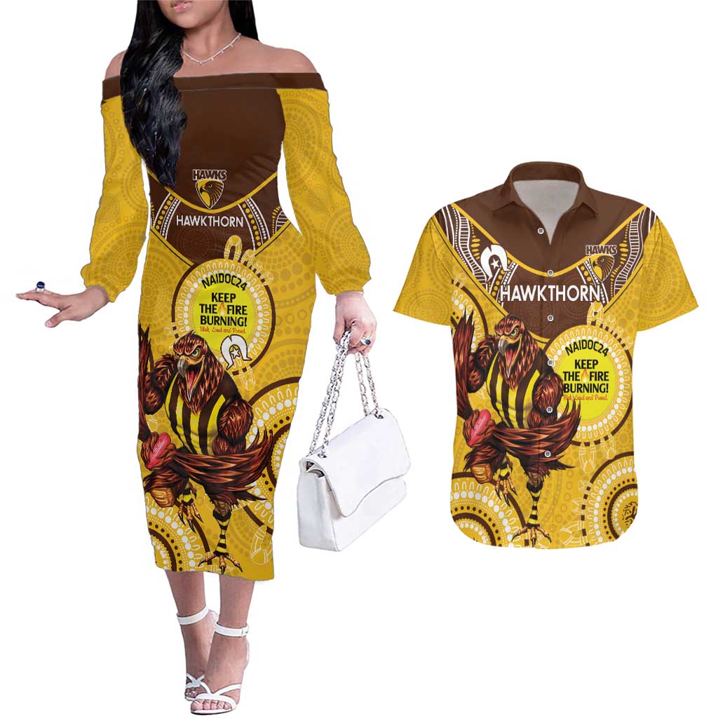 Custom AFL Hawkthorn NAIDOC Week Couples Matching Off The Shoulder Long Sleeve Dress and Hawaiian Shirt Keep The Fire Burning Indigenous Art