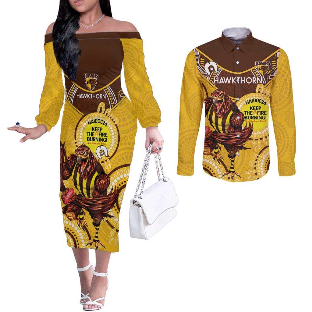 Custom AFL Hawkthorn NAIDOC Week Couples Matching Off The Shoulder Long Sleeve Dress and Long Sleeve Button Shirt Keep The Fire Burning Indigenous Art