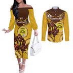 Custom AFL Hawkthorn NAIDOC Week Couples Matching Off The Shoulder Long Sleeve Dress and Long Sleeve Button Shirt Keep The Fire Burning Indigenous Art
