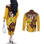 Custom AFL Hawkthorn NAIDOC Week Couples Matching Off The Shoulder Long Sleeve Dress and Long Sleeve Button Shirt Keep The Fire Burning Indigenous Art