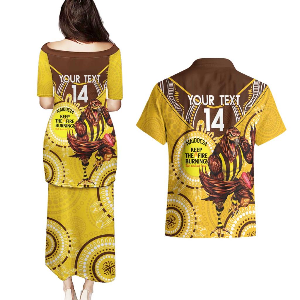 Custom AFL Hawkthorn NAIDOC Week Couples Matching Puletasi and Hawaiian Shirt Keep The Fire Burning Indigenous Art