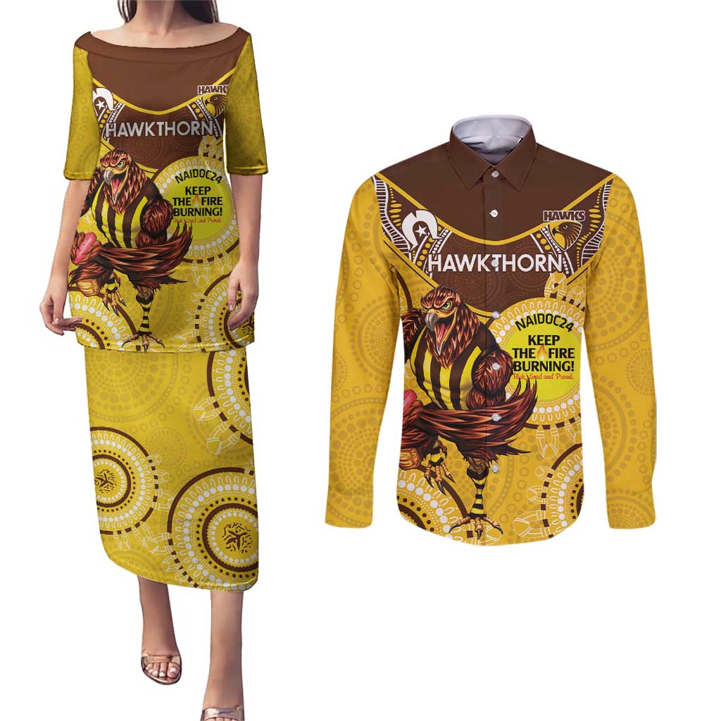 Custom AFL Hawkthorn NAIDOC Week Couples Matching Puletasi and Long Sleeve Button Shirt Keep The Fire Burning Indigenous Art