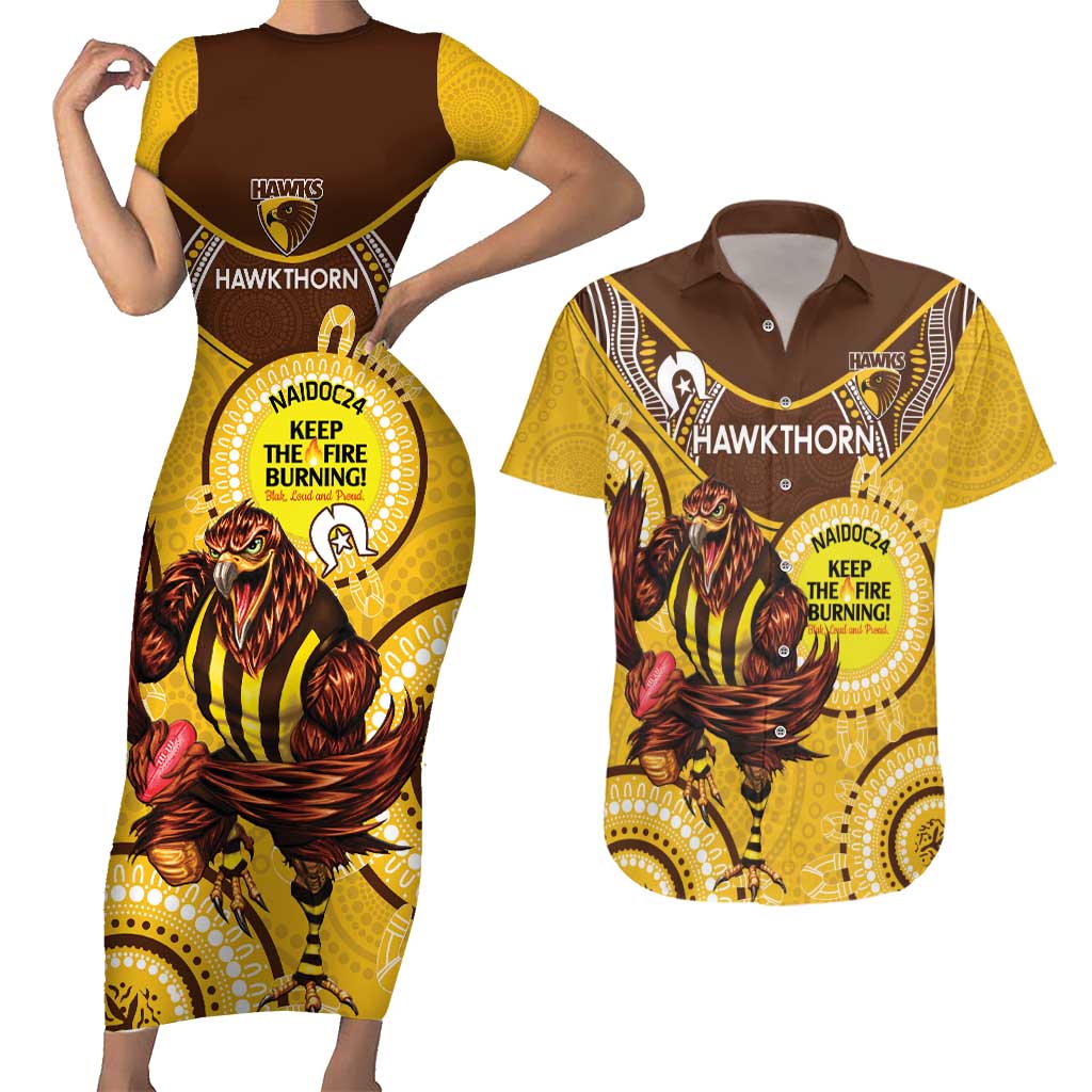 Custom AFL Hawkthorn NAIDOC Week Couples Matching Short Sleeve Bodycon Dress and Hawaiian Shirt Keep The Fire Burning Indigenous Art