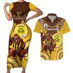 Custom AFL Hawkthorn NAIDOC Week Couples Matching Short Sleeve Bodycon Dress and Hawaiian Shirt Keep The Fire Burning Indigenous Art