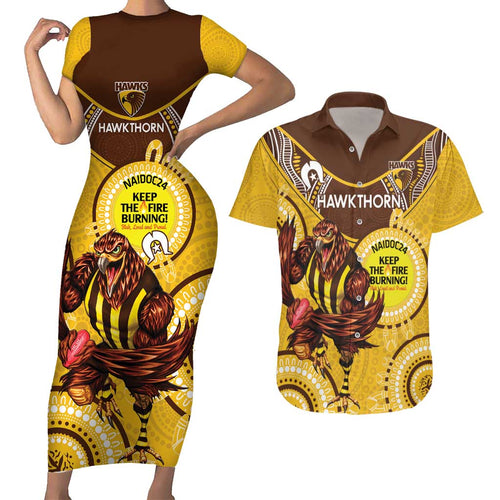 Custom AFL Hawkthorn NAIDOC Week Couples Matching Short Sleeve Bodycon Dress and Hawaiian Shirt Keep The Fire Burning Indigenous Art