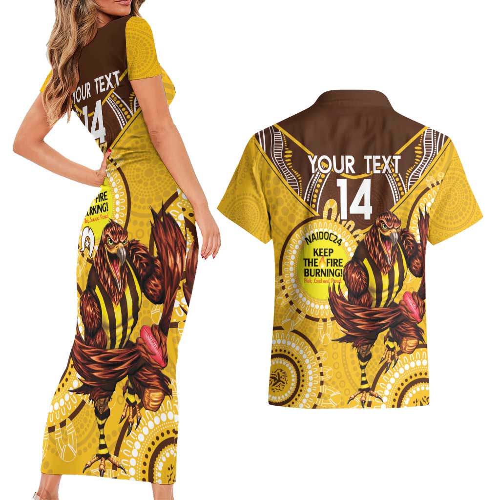 Custom AFL Hawkthorn NAIDOC Week Couples Matching Short Sleeve Bodycon Dress and Hawaiian Shirt Keep The Fire Burning Indigenous Art