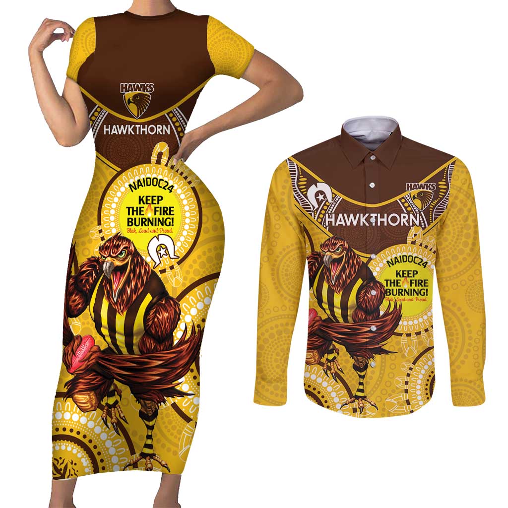 Custom AFL Hawkthorn NAIDOC Week Couples Matching Short Sleeve Bodycon Dress and Long Sleeve Button Shirt Keep The Fire Burning Indigenous Art