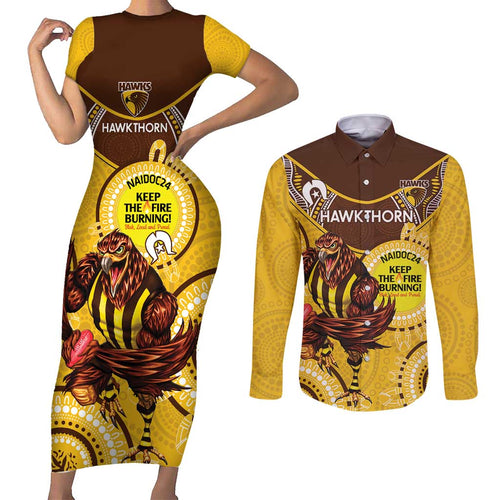 Custom AFL Hawkthorn NAIDOC Week Couples Matching Short Sleeve Bodycon Dress and Long Sleeve Button Shirt Keep The Fire Burning Indigenous Art