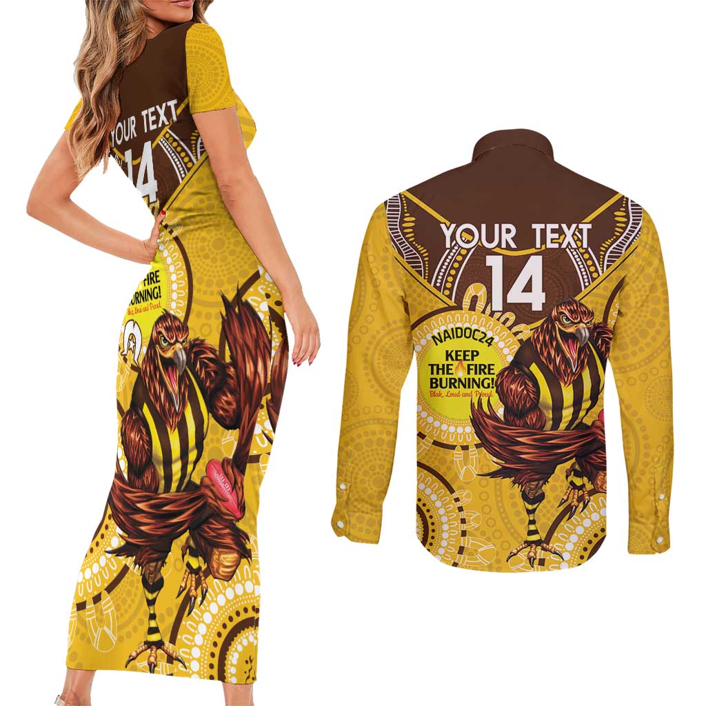 Custom AFL Hawkthorn NAIDOC Week Couples Matching Short Sleeve Bodycon Dress and Long Sleeve Button Shirt Keep The Fire Burning Indigenous Art
