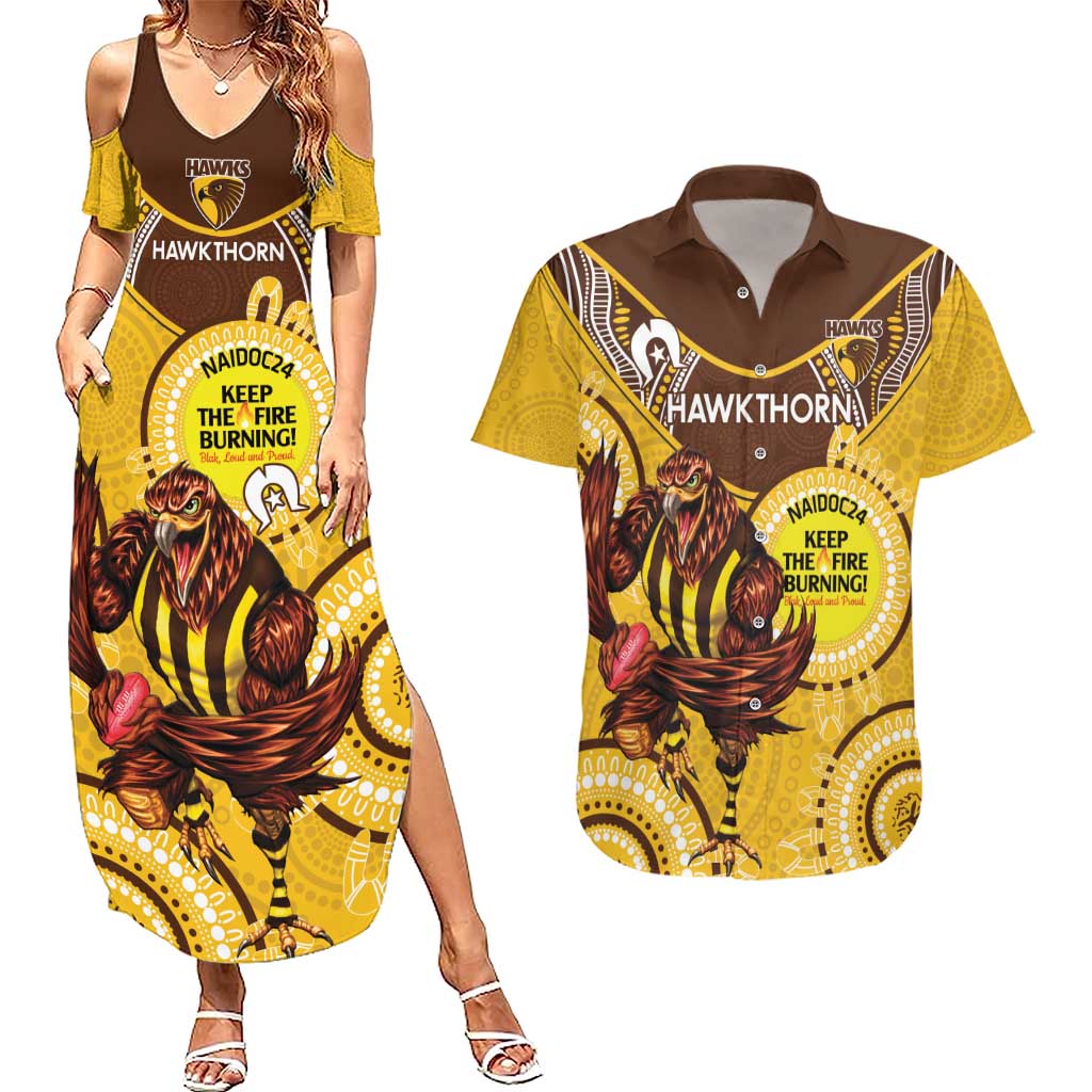 Custom AFL Hawkthorn NAIDOC Week Couples Matching Summer Maxi Dress and Hawaiian Shirt Keep The Fire Burning Indigenous Art