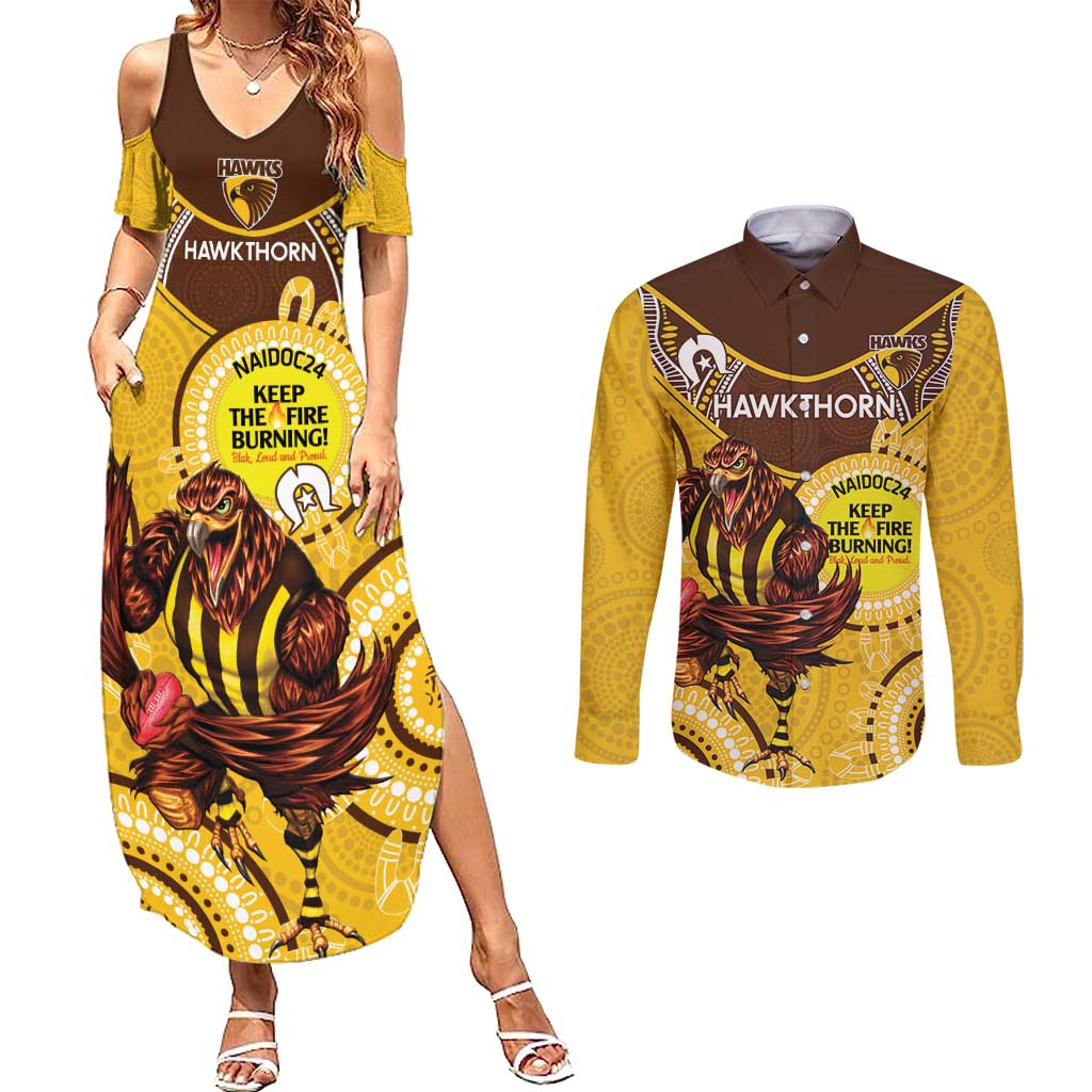 Custom AFL Hawkthorn NAIDOC Week Couples Matching Summer Maxi Dress and Long Sleeve Button Shirt Keep The Fire Burning Indigenous Art