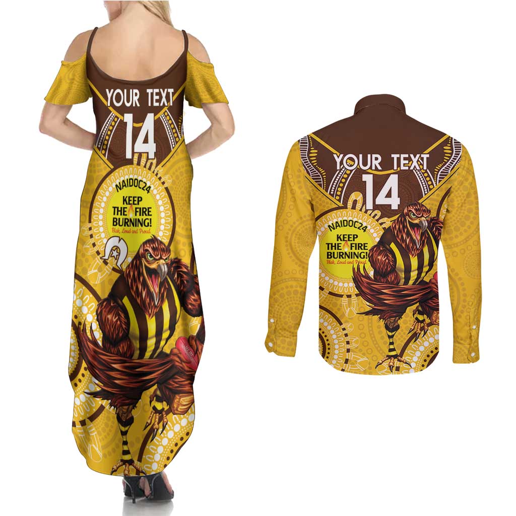 Custom AFL Hawkthorn NAIDOC Week Couples Matching Summer Maxi Dress and Long Sleeve Button Shirt Keep The Fire Burning Indigenous Art