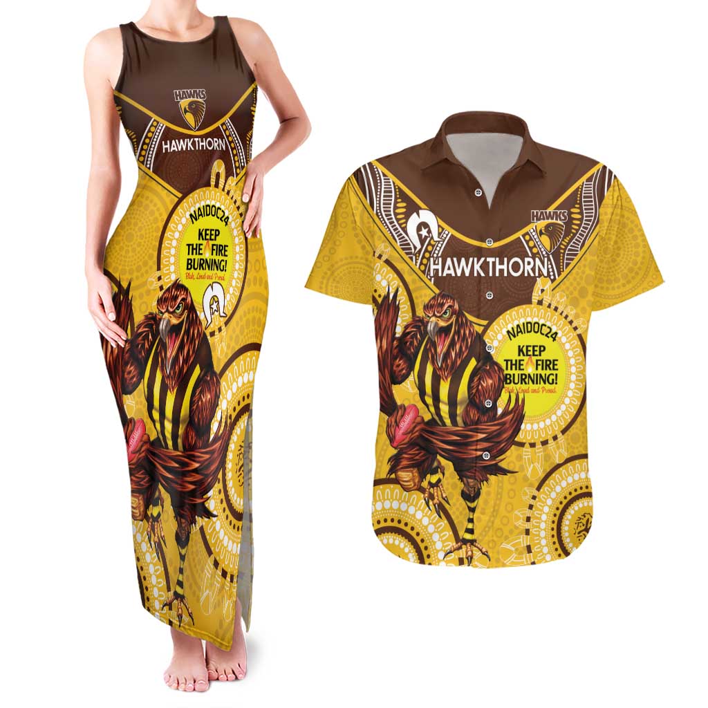 Custom AFL Hawkthorn NAIDOC Week Couples Matching Tank Maxi Dress and Hawaiian Shirt Keep The Fire Burning Indigenous Art