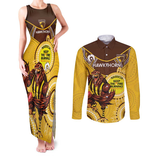 Custom AFL Hawkthorn NAIDOC Week Couples Matching Tank Maxi Dress and Long Sleeve Button Shirt Keep The Fire Burning Indigenous Art