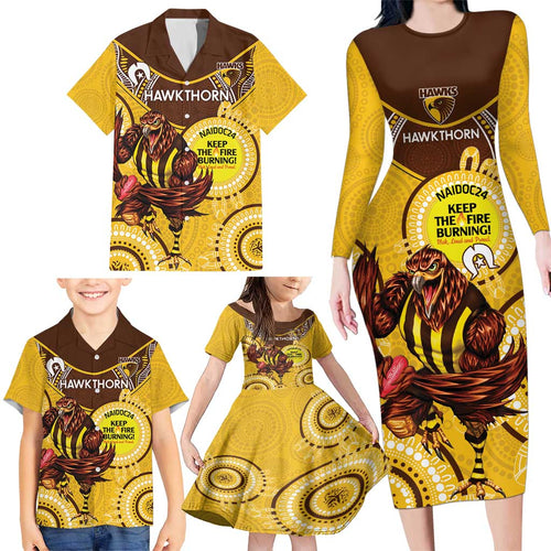 Custom AFL Hawkthorn NAIDOC Week Family Matching Long Sleeve Bodycon Dress and Hawaiian Shirt Keep The Fire Burning Indigenous Art