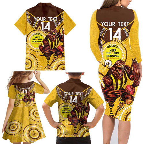 Custom AFL Hawkthorn NAIDOC Week Family Matching Long Sleeve Bodycon Dress and Hawaiian Shirt Keep The Fire Burning Indigenous Art