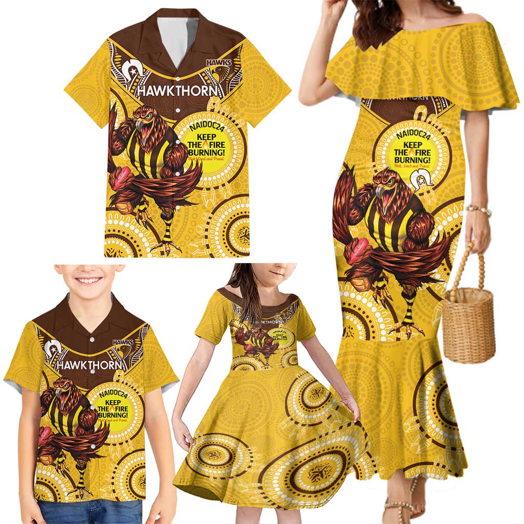 Custom AFL Hawkthorn NAIDOC Week Family Matching Mermaid Dress and Hawaiian Shirt Keep The Fire Burning Indigenous Art