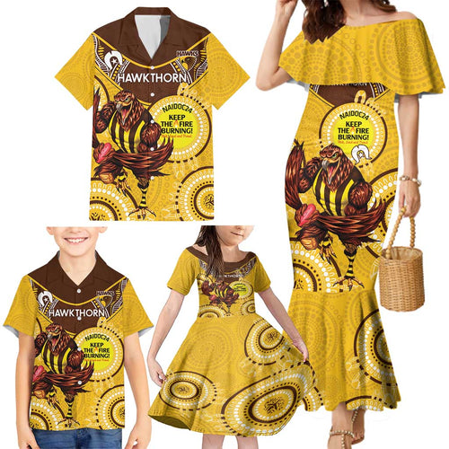 Custom AFL Hawkthorn NAIDOC Week Family Matching Mermaid Dress and Hawaiian Shirt Keep The Fire Burning Indigenous Art