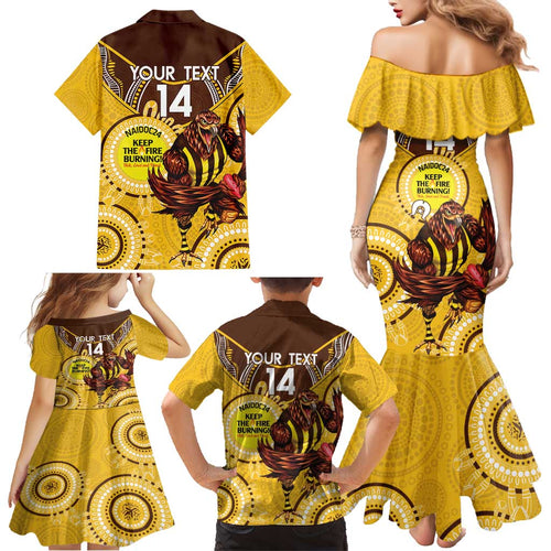Custom AFL Hawkthorn NAIDOC Week Family Matching Mermaid Dress and Hawaiian Shirt Keep The Fire Burning Indigenous Art