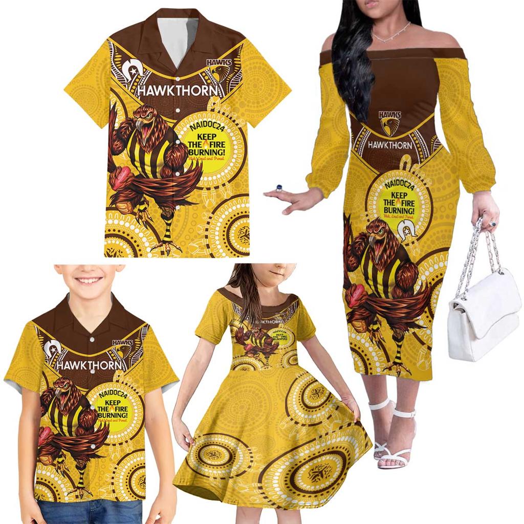 Custom AFL Hawkthorn NAIDOC Week Family Matching Off The Shoulder Long Sleeve Dress and Hawaiian Shirt Keep The Fire Burning Indigenous Art