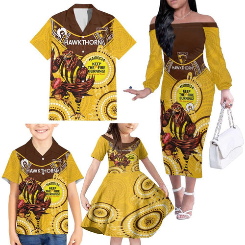 Custom AFL Hawkthorn NAIDOC Week Family Matching Off The Shoulder Long Sleeve Dress and Hawaiian Shirt Keep The Fire Burning Indigenous Art