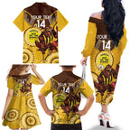 Custom AFL Hawkthorn NAIDOC Week Family Matching Off The Shoulder Long Sleeve Dress and Hawaiian Shirt Keep The Fire Burning Indigenous Art