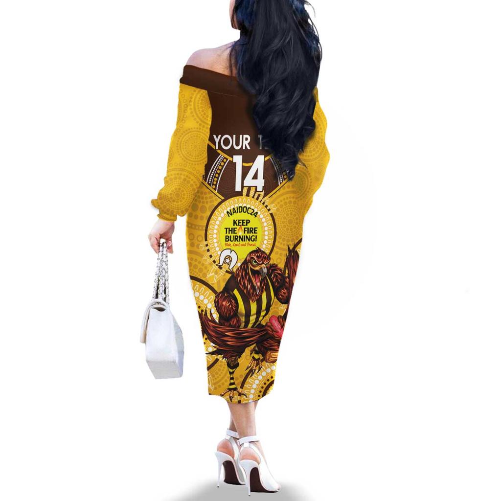 Custom AFL Hawkthorn NAIDOC Week Family Matching Off The Shoulder Long Sleeve Dress and Hawaiian Shirt Keep The Fire Burning Indigenous Art