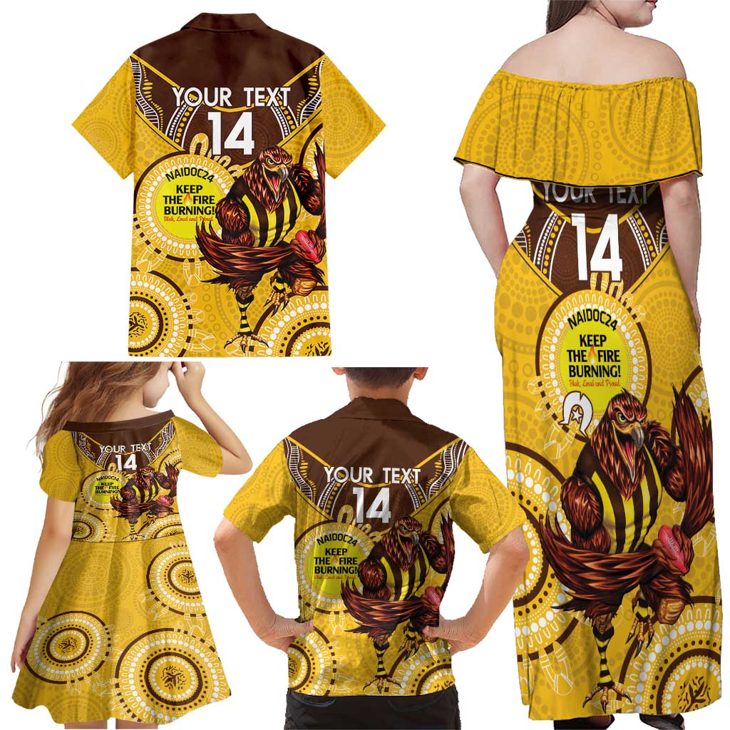 Custom AFL Hawkthorn NAIDOC Week Family Matching Off Shoulder Maxi Dress and Hawaiian Shirt Keep The Fire Burning Indigenous Art