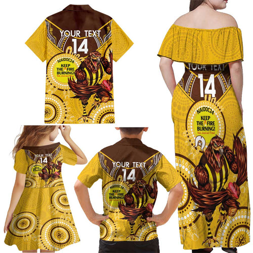 Custom AFL Hawkthorn NAIDOC Week Family Matching Off Shoulder Maxi Dress and Hawaiian Shirt Keep The Fire Burning Indigenous Art
