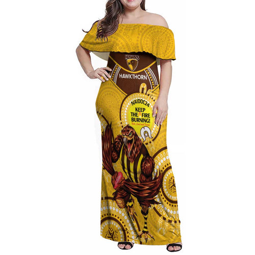 Custom AFL Hawkthorn NAIDOC Week Family Matching Off Shoulder Maxi Dress and Hawaiian Shirt Keep The Fire Burning Indigenous Art