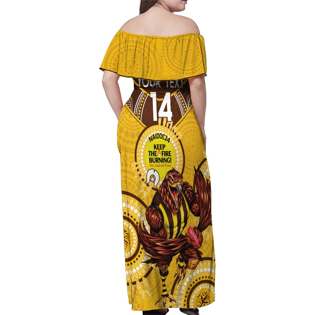 Custom AFL Hawkthorn NAIDOC Week Family Matching Off Shoulder Maxi Dress and Hawaiian Shirt Keep The Fire Burning Indigenous Art