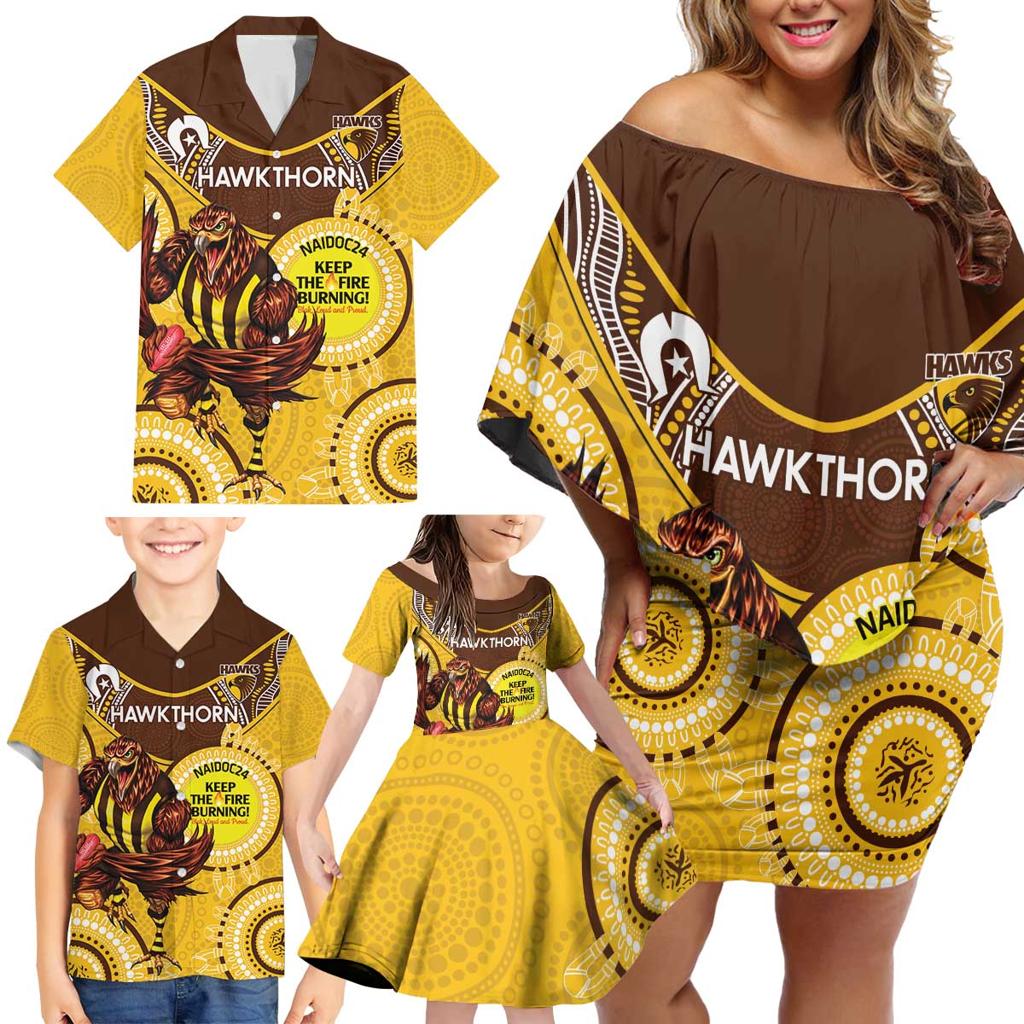 Custom AFL Hawkthorn NAIDOC Week Family Matching Off Shoulder Short Dress and Hawaiian Shirt Keep The Fire Burning Indigenous Art