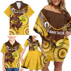 Custom AFL Hawkthorn NAIDOC Week Family Matching Off Shoulder Short Dress and Hawaiian Shirt Keep The Fire Burning Indigenous Art