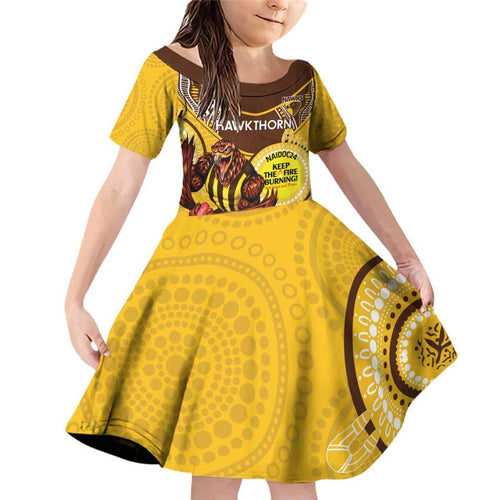 Custom AFL Hawkthorn NAIDOC Week Family Matching Off Shoulder Short Dress and Hawaiian Shirt Keep The Fire Burning Indigenous Art