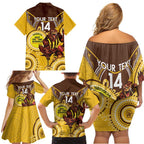 Custom AFL Hawkthorn NAIDOC Week Family Matching Off Shoulder Short Dress and Hawaiian Shirt Keep The Fire Burning Indigenous Art