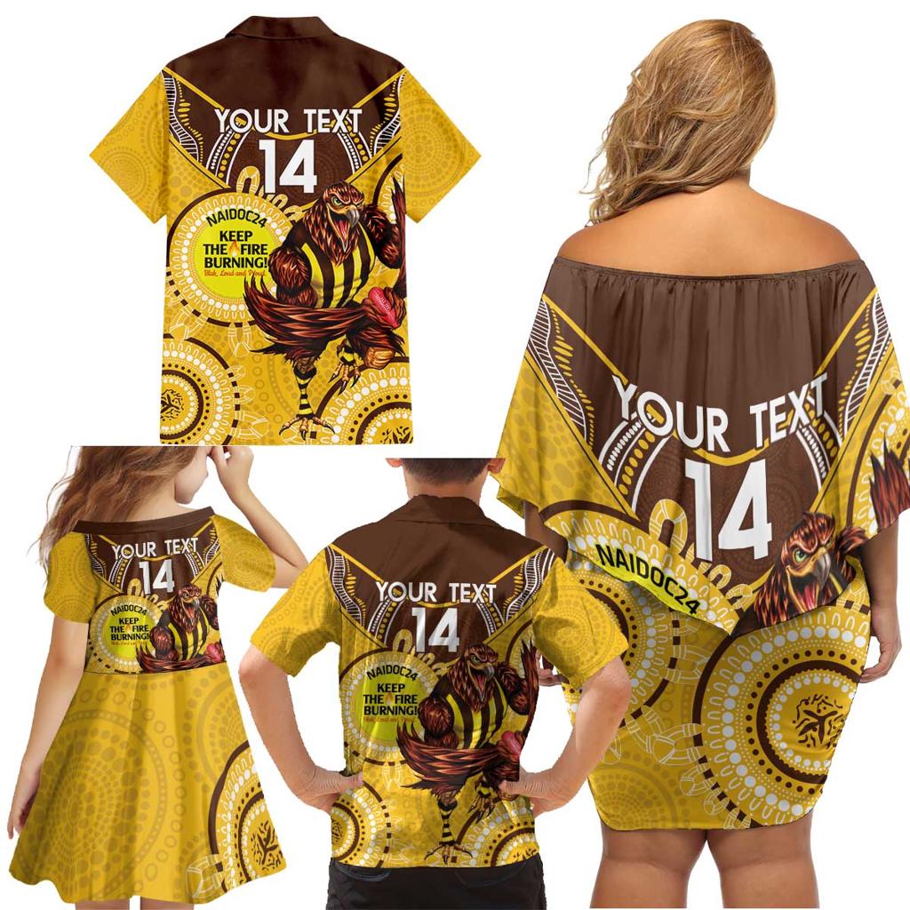 Custom AFL Hawkthorn NAIDOC Week Family Matching Off Shoulder Short Dress and Hawaiian Shirt Keep The Fire Burning Indigenous Art