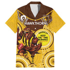 Custom AFL Hawkthorn NAIDOC Week Family Matching Off Shoulder Short Dress and Hawaiian Shirt Keep The Fire Burning Indigenous Art