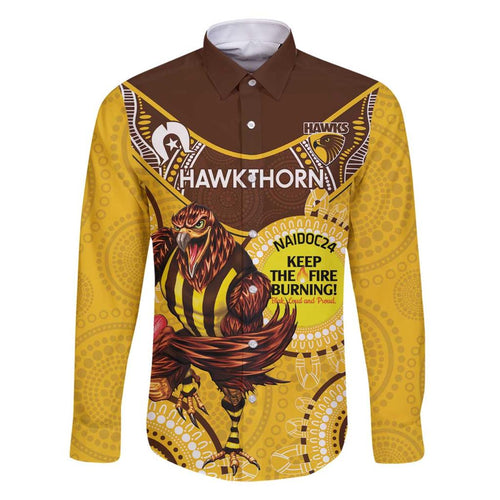 Custom AFL Hawkthorn NAIDOC Week Family Matching Off Shoulder Short Dress and Hawaiian Shirt Keep The Fire Burning Indigenous Art