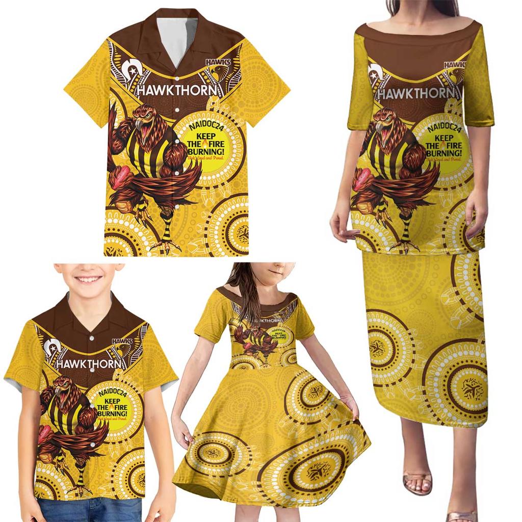 Custom AFL Hawkthorn NAIDOC Week Family Matching Puletasi and Hawaiian Shirt Keep The Fire Burning Indigenous Art