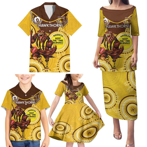 Custom AFL Hawkthorn NAIDOC Week Family Matching Puletasi and Hawaiian Shirt Keep The Fire Burning Indigenous Art