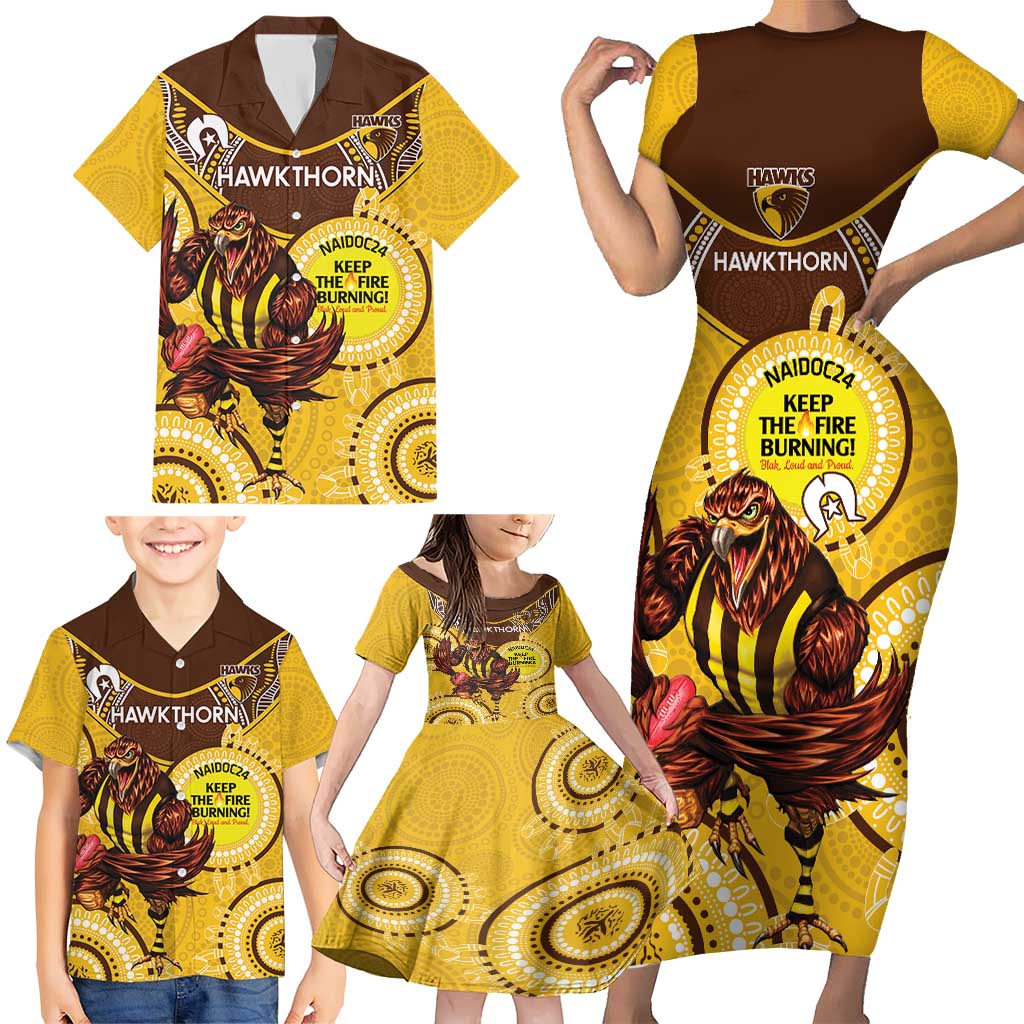 Custom AFL Hawkthorn NAIDOC Week Family Matching Short Sleeve Bodycon Dress and Hawaiian Shirt Keep The Fire Burning Indigenous Art