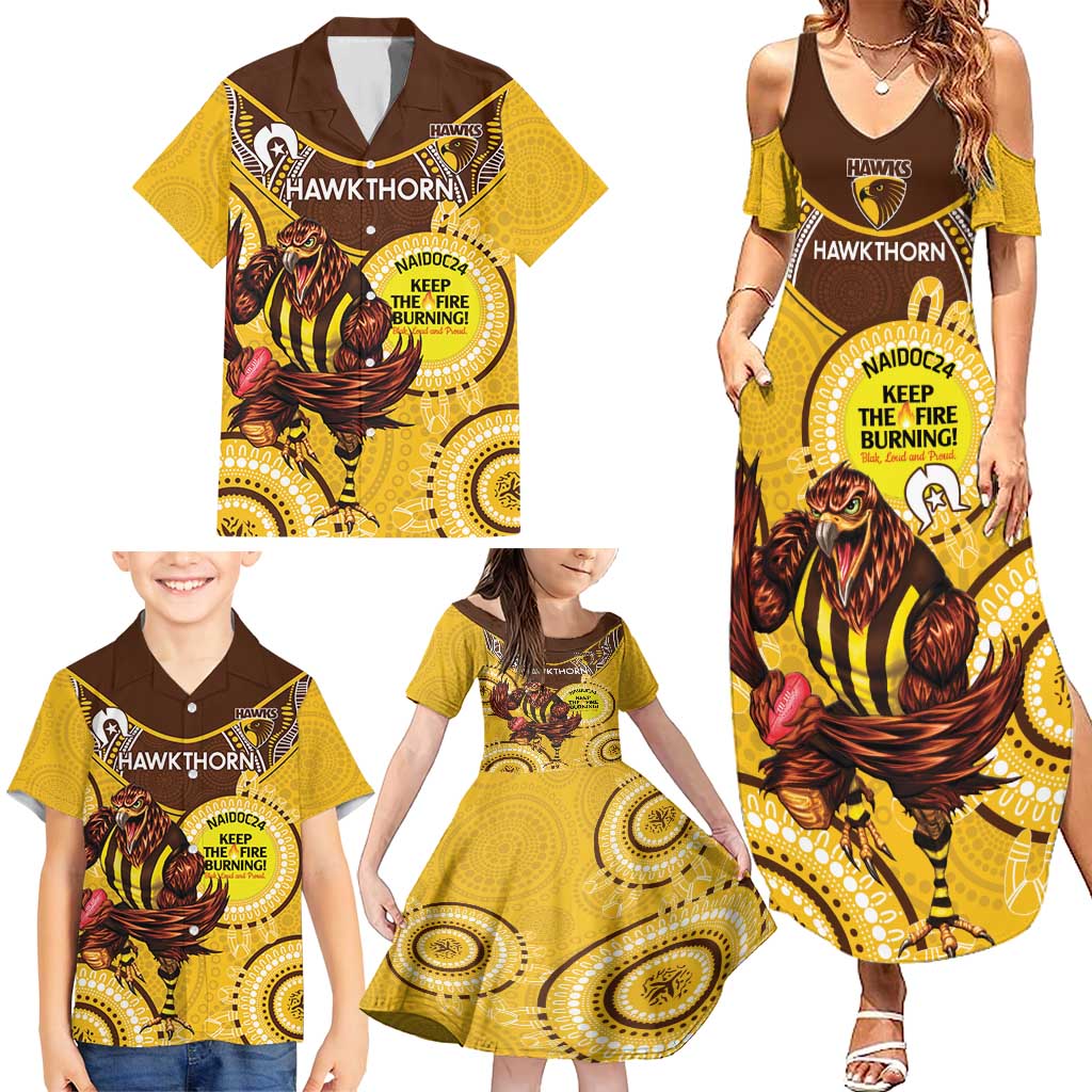 Custom AFL Hawkthorn NAIDOC Week Family Matching Summer Maxi Dress and Hawaiian Shirt Keep The Fire Burning Indigenous Art