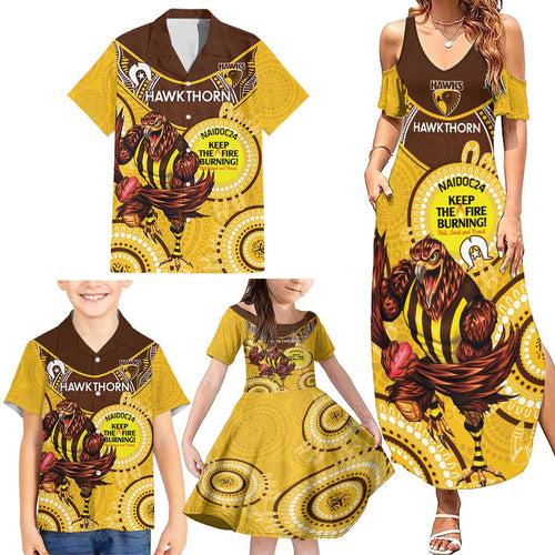 Custom AFL Hawkthorn NAIDOC Week Family Matching Summer Maxi Dress and Hawaiian Shirt Keep The Fire Burning Indigenous Art