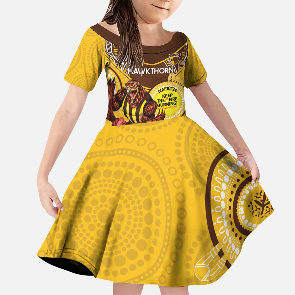 Custom AFL Hawkthorn NAIDOC Week Kid Short Sleeve Dress Keep The Fire Burning Indigenous Art