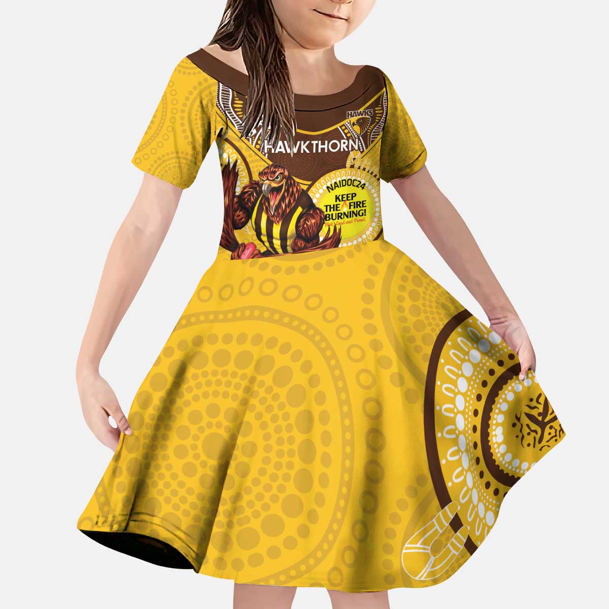 Custom AFL Hawkthorn NAIDOC Week Kid Short Sleeve Dress Keep The Fire Burning Indigenous Art