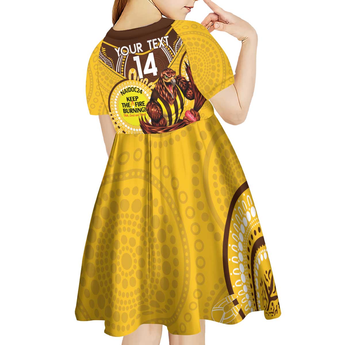 Custom AFL Hawkthorn NAIDOC Week Kid Short Sleeve Dress Keep The Fire Burning Indigenous Art