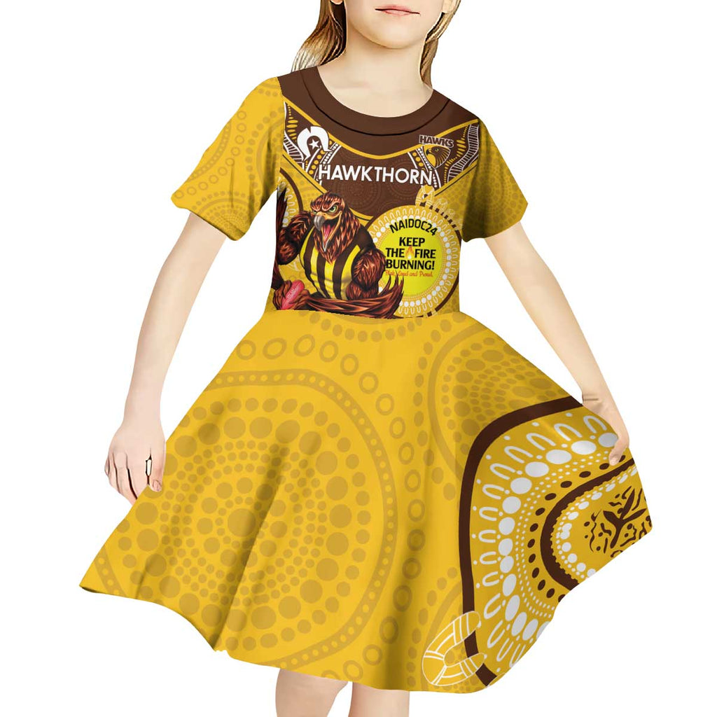Custom AFL Hawkthorn NAIDOC Week Kid Short Sleeve Dress Keep The Fire Burning Indigenous Art