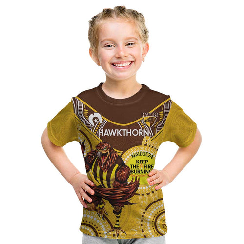 Custom AFL Hawkthorn NAIDOC Week Kid T Shirt Keep The Fire Burning Indigenous Art