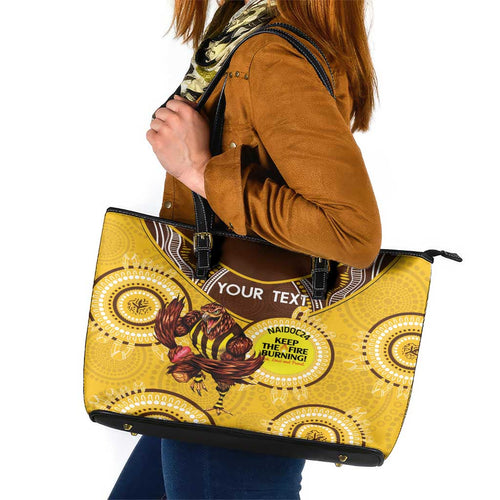 Custom AFL Hawkthorn NAIDOC Week Leather Tote Bag Keep The Fire Burning Indigenous Art