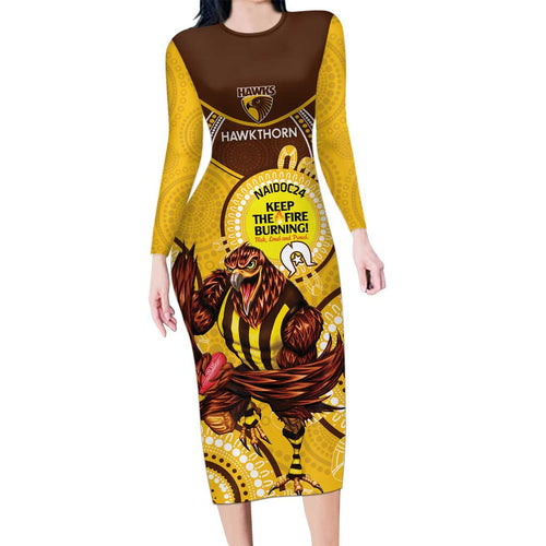 Custom AFL Hawkthorn NAIDOC Week Long Sleeve Bodycon Dress Keep The Fire Burning Indigenous Art